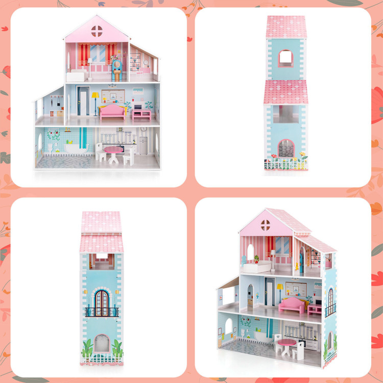 3-Tier Toddler Doll House with Furniture Gift for Age over 3Costway Gallery View 9 of 11