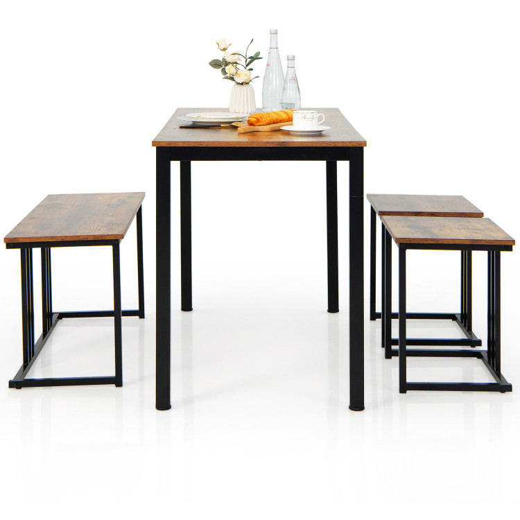 4 Pieces Industrial Dining Table Set with Bench and 2 Stools-BrownCostway Gallery View 7 of 10