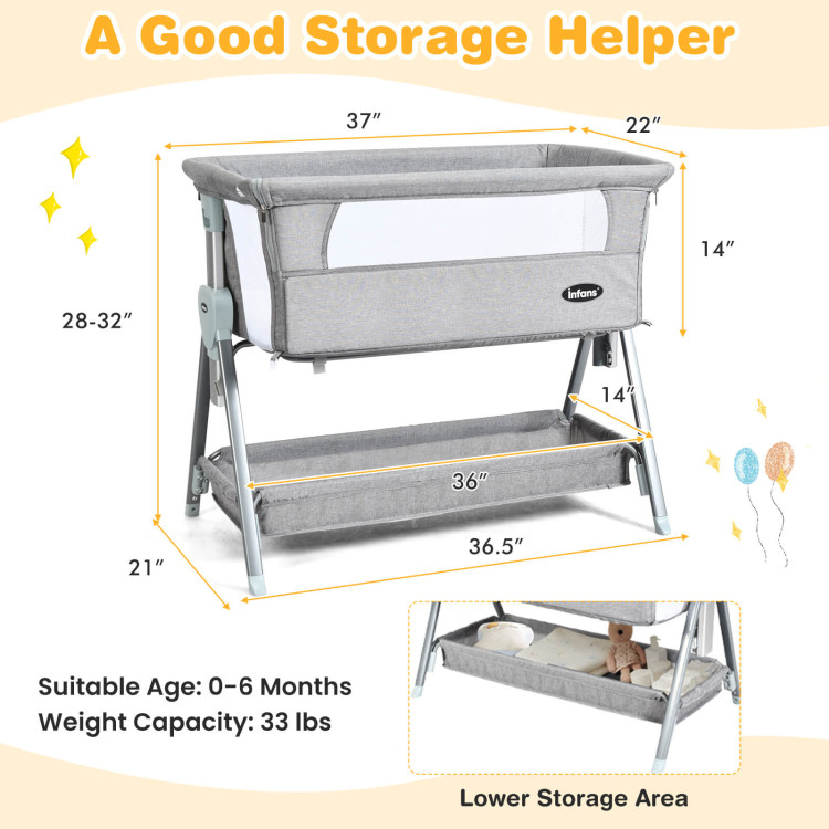 Adjustable Baby Bedside Crib with Large Storage-GrayCostway Gallery View 4 of 9