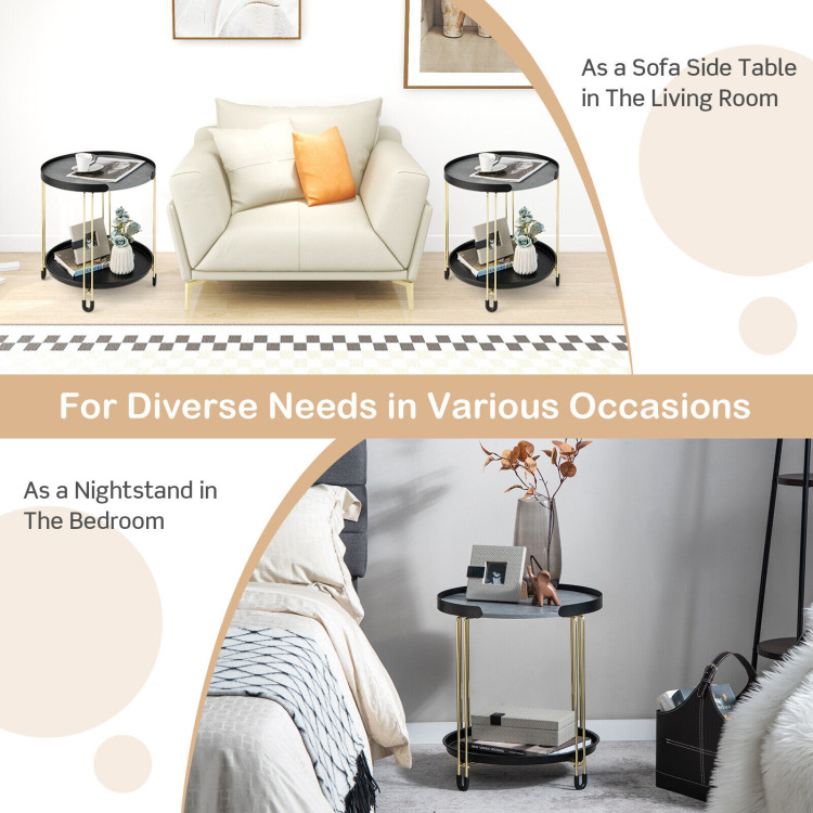 2-Tier Round Side Table with Removable Tray and Metal Frame for Small Space-GoldenCostway Gallery View 10 of 10