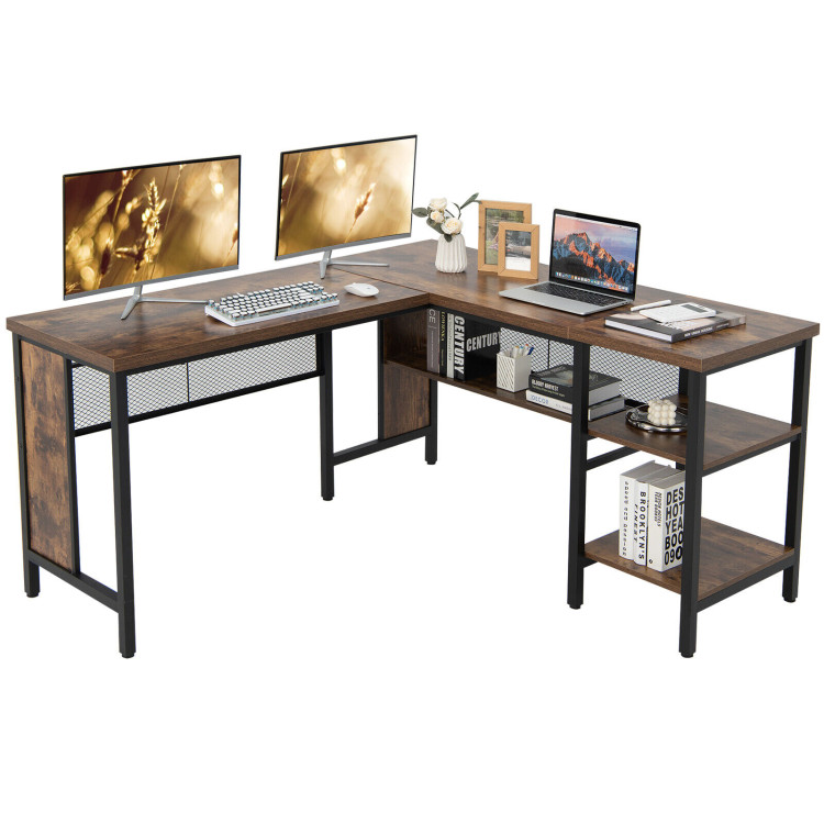Industrial L-Shaped Corner Computer Desk Office Workstation with Storage Shelves-Rustic BrownCostway Gallery View 4 of 11