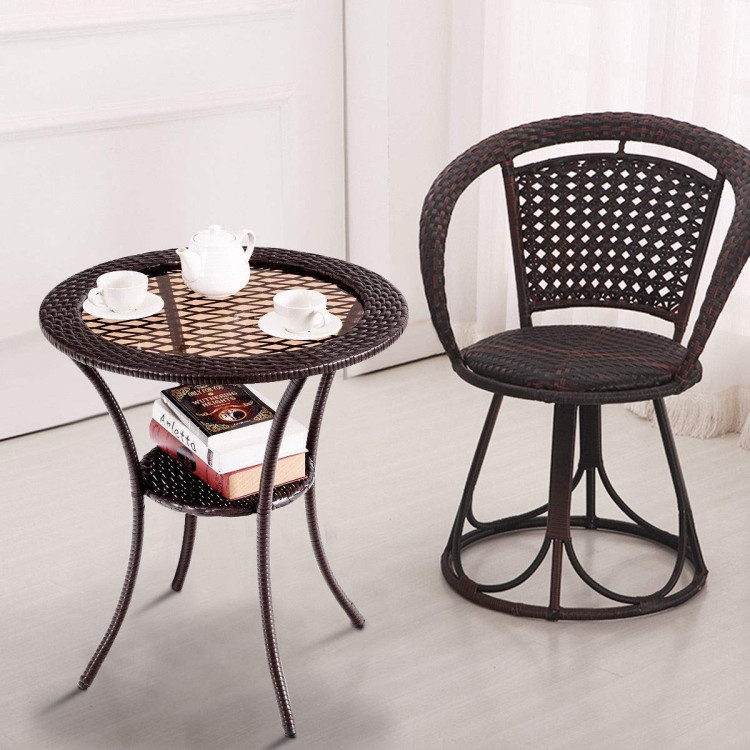 Round Rattan Wicker Coffee Table with Lower ShelfCostway Gallery View 5 of 13