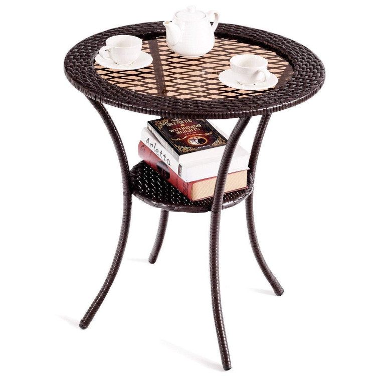 Round Rattan Wicker Coffee Table with Lower ShelfCostway Gallery View 8 of 13