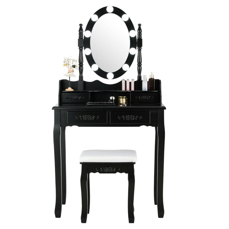 Makeup Dressing Table with Touch Switch Lighted Mirror and Cushioned Stool-BlackCostway Gallery View 5 of 12