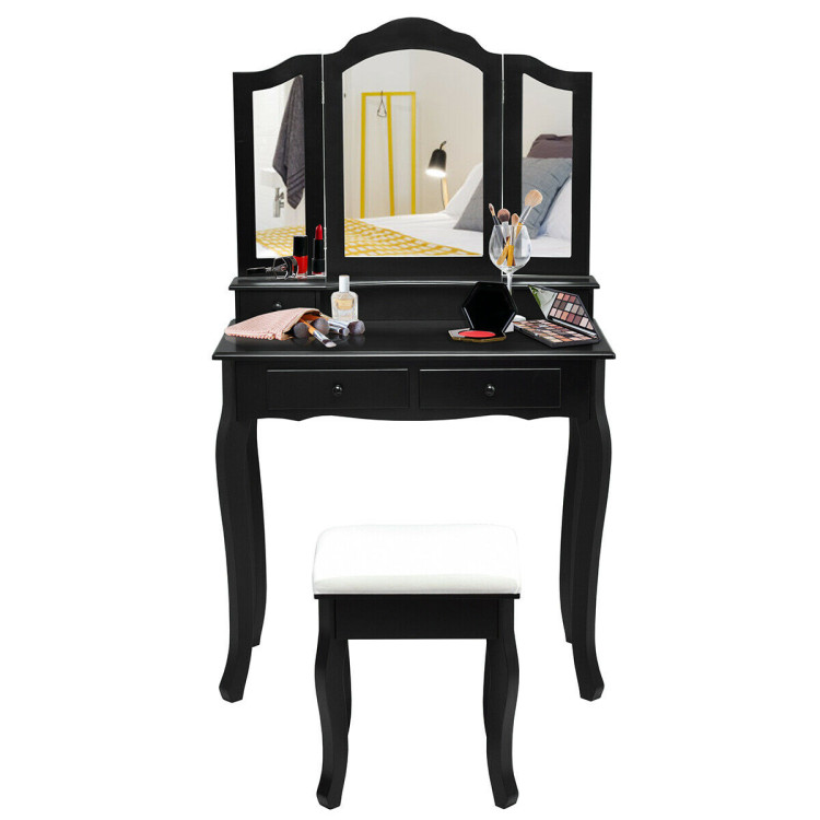 4 Drawers Wood Mirrored Vanity Dressing Table with Stool-BlackCostway Gallery View 5 of 12