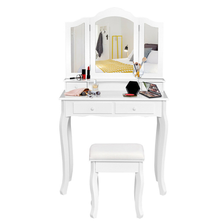 4 Drawers Wood Mirrored Vanity Dressing Table with Stool-WhiteCostway Gallery View 4 of 12