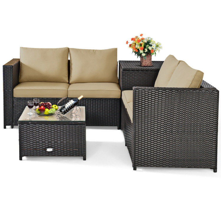 4 Pcs Outdoor Patio Rattan Furniture Set with Cushioned Loveseat and Storage Box-BrownCostway Gallery View 9 of 12