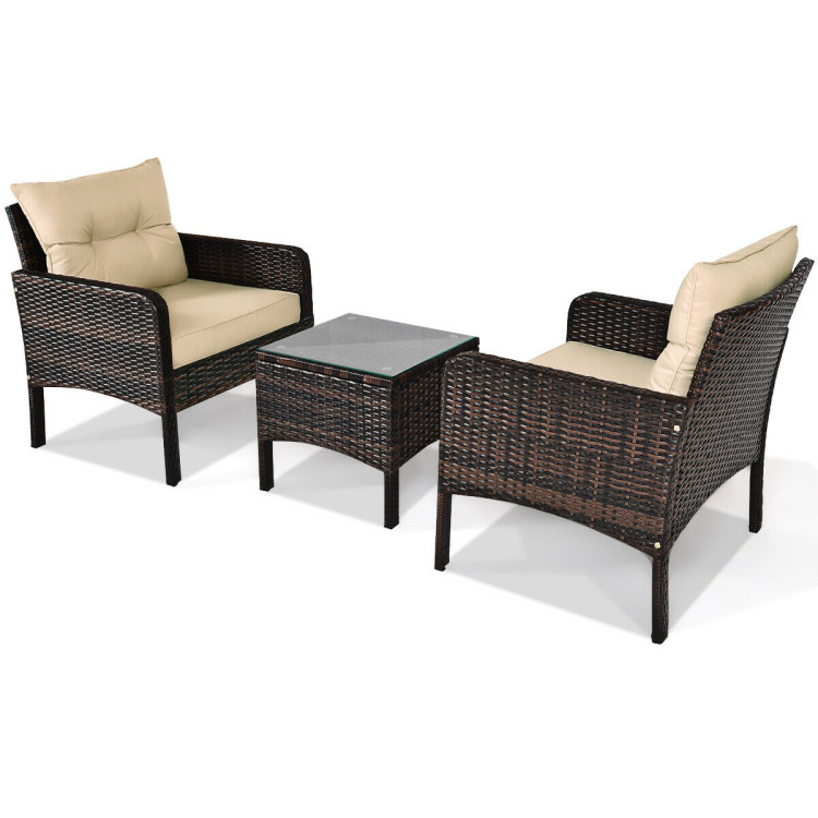3 Pieces Outdoor Patio Rattan Conversation Set with Seat Cushions-BeigeCostway Gallery View 9 of 11