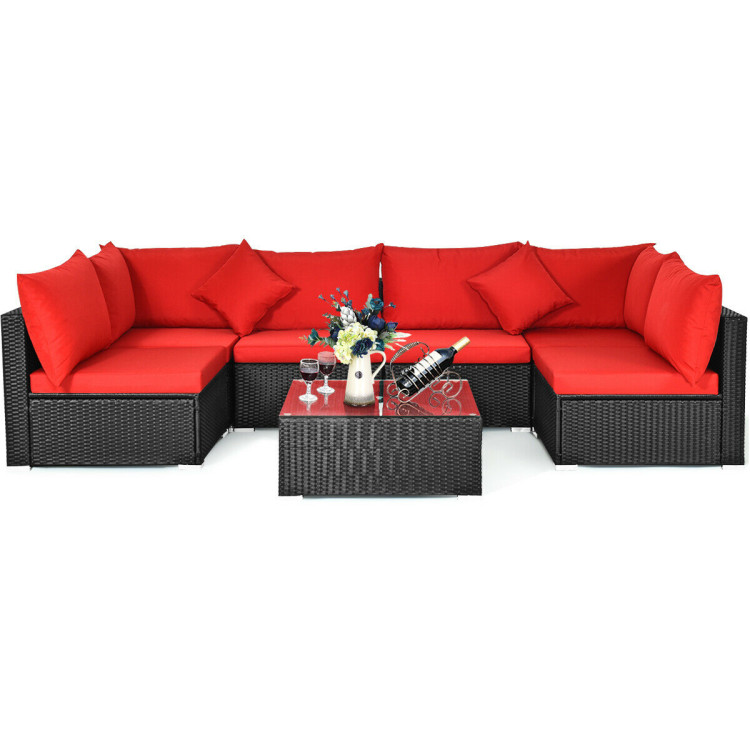 7 Pieces Sectional Wicker Furniture Sofa Set with Tempered Glass Top-RedCostway Gallery View 11 of 12
