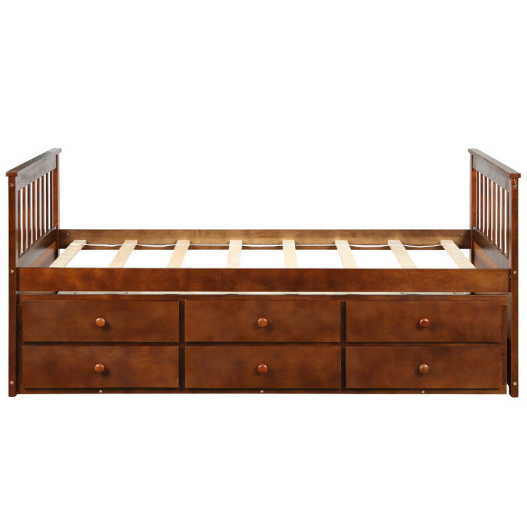 Twin Captain’s Bed with Trundle and 3 Storage Drawers-WalnutCostway Gallery View 10 of 12