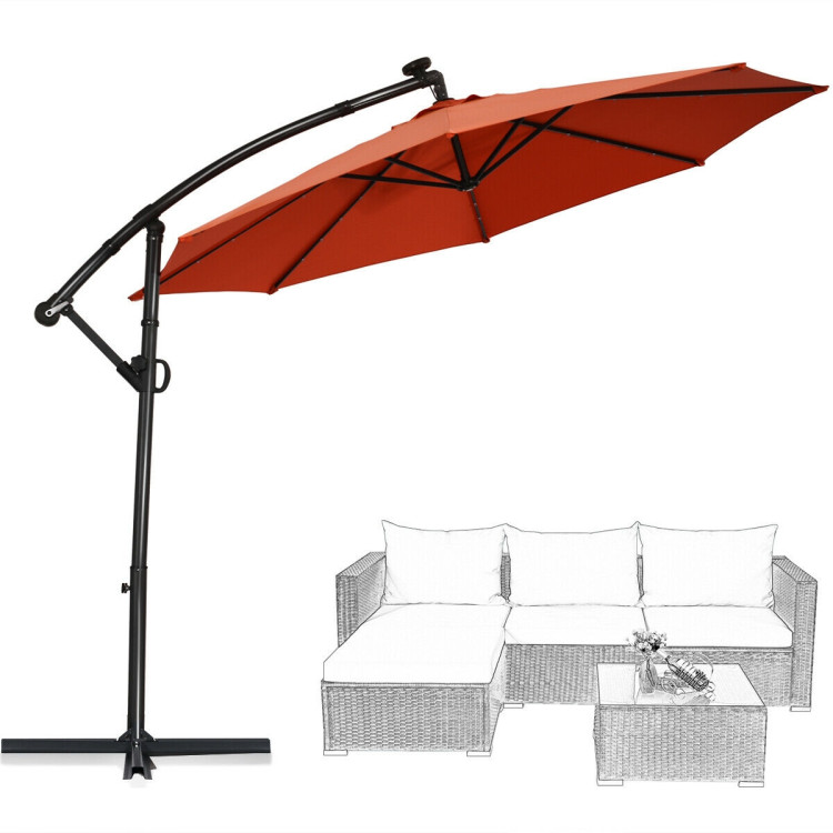 10 ft 360° Rotation Solar Powered LED Patio Offset Umbrella without Weight Base-OrangeCostway Gallery View 9 of 12