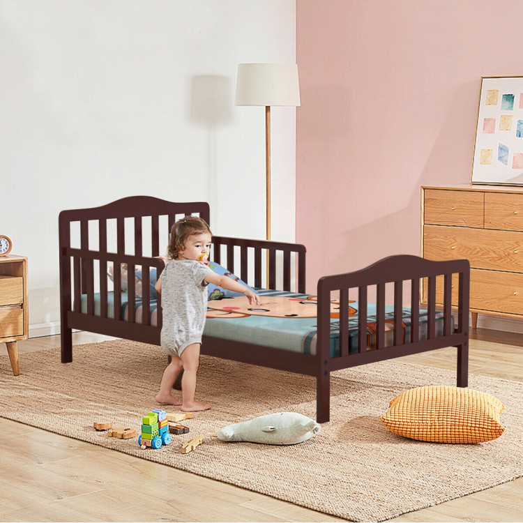 Classic Design Kids Wood Toddler Bed Frame with Two Side Safety Guardrails-BrownCostway Gallery View 7 of 12