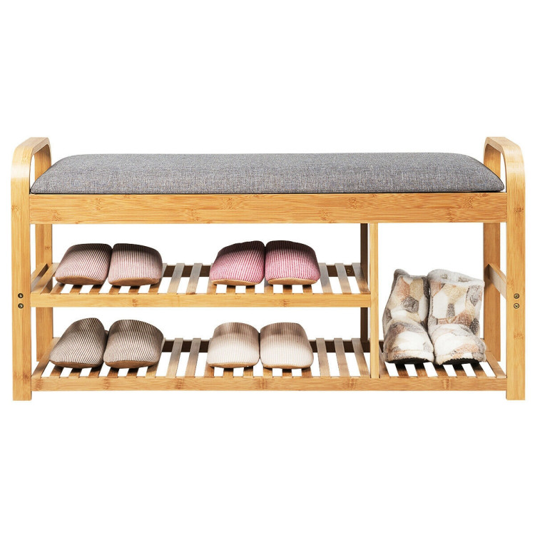 3-Tier Bamboo Shoe Rack Bench with Cushion-NaturalCostway Gallery View 6 of 12