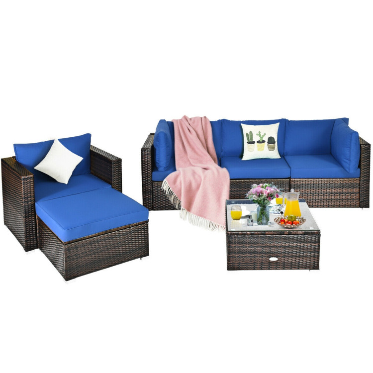 6 Pcs Patio Rattan Furniture Set with Sectional Cushion-BlueCostway Gallery View 12 of 15