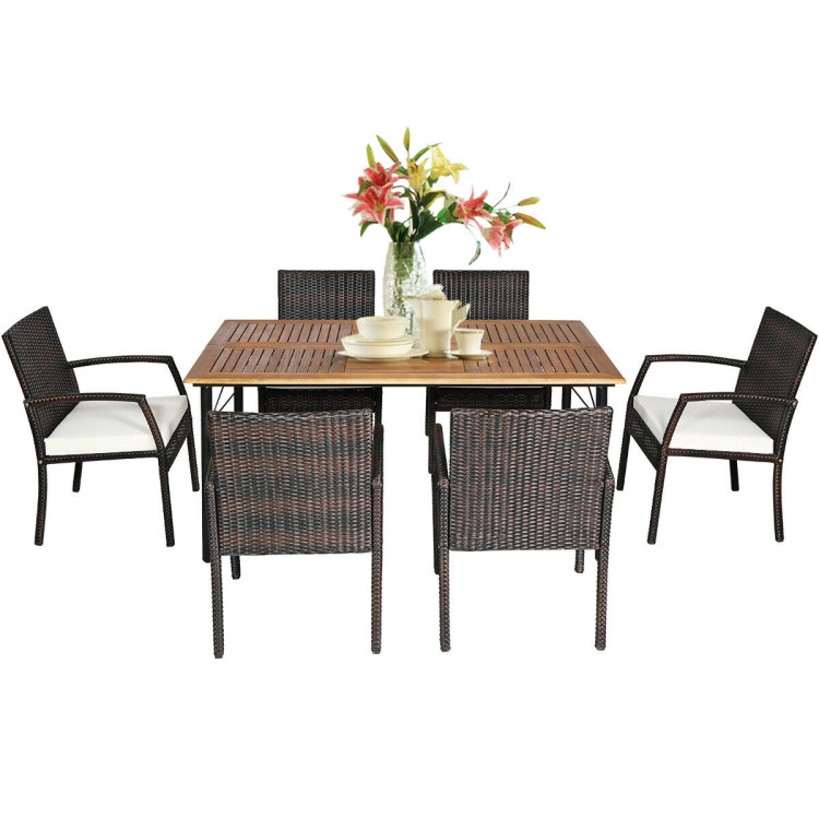 7PCS Patio Rattan Cushioned Dining Set with Umbrella HoleCostway Gallery View 9 of 12