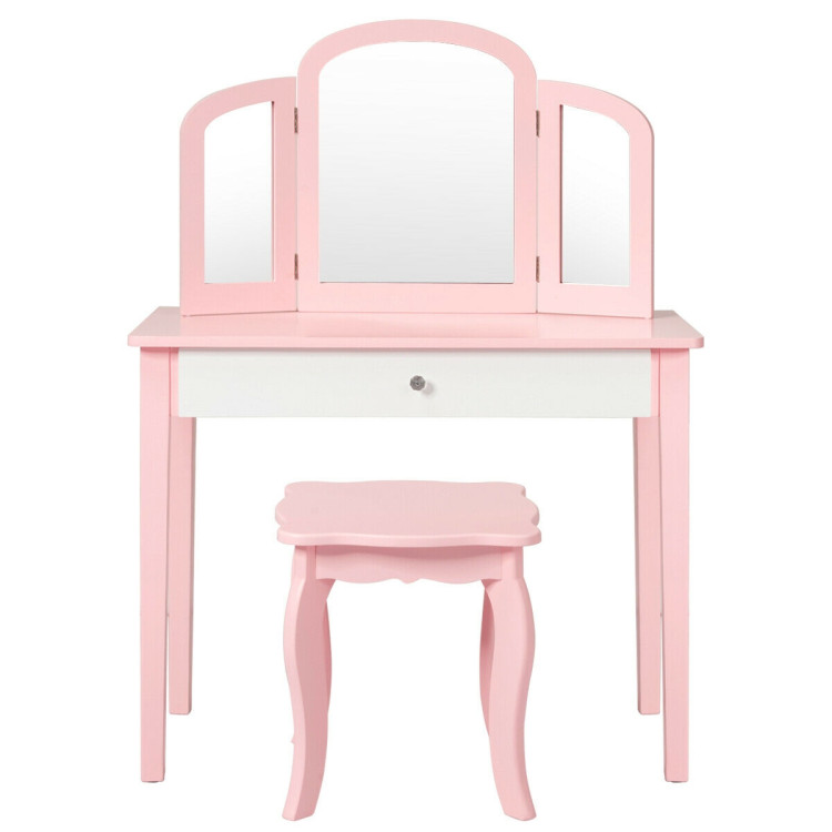 Kids Princess Make Up Dressing Table with Tri-folding Mirror and Chair-PinkCostway Gallery View 10 of 12