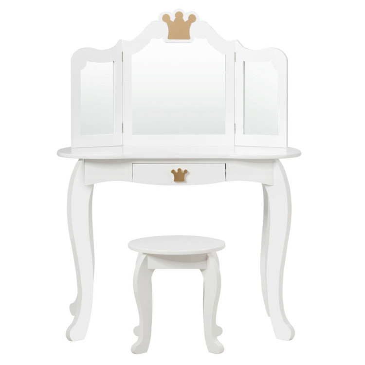 Kids Makeup Dressing Table with Tri-folding Mirror and Stool-WhiteCostway Gallery View 8 of 12