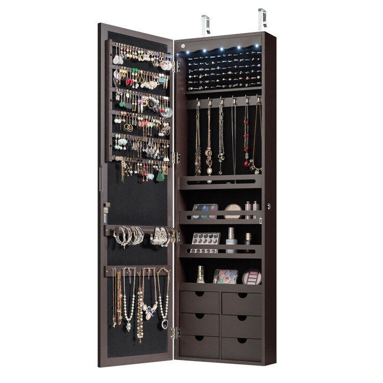 5 LEDs Lockable Mirror Jewelry Cabinet Armoire with 6 Drawers-BrownCostway Gallery View 8 of 12