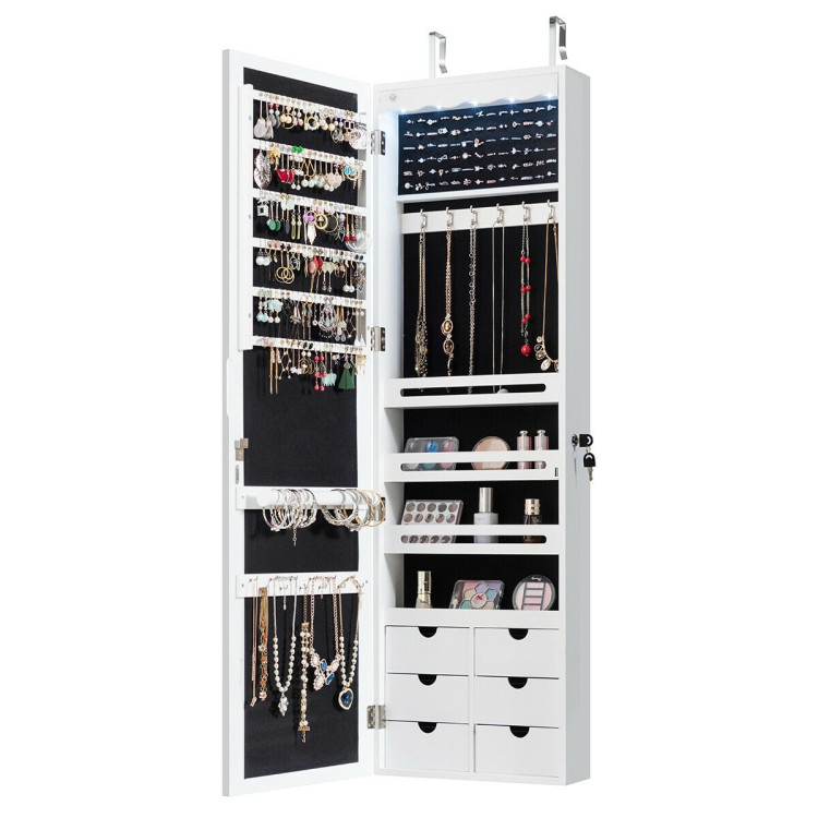 5 LEDs Lockable Mirror Jewelry Cabinet Armoire with 6 Drawers-WhiteCostway Gallery View 8 of 12