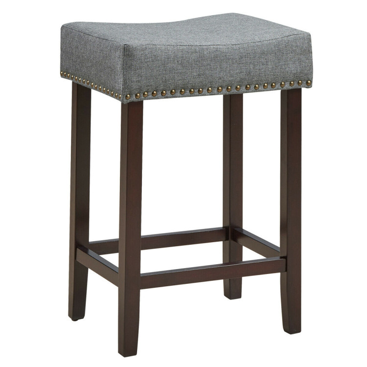 2 Pieces Nailhead Saddle Bar Stools with Fabric Seat and Wood Legs-GrayCostway Gallery View 7 of 12
