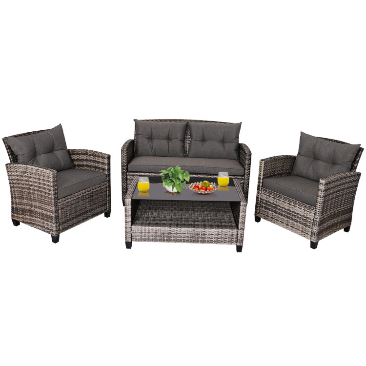 4 Pieces Patio Rattan Furniture Set Coffee Table Cushioned SofaCostway Gallery View 8 of 12