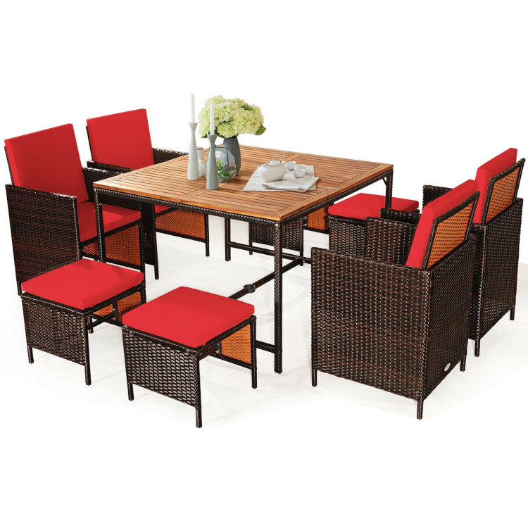 9 Pieces Patio Rattan Dining Cushioned Chairs Set-RedCostway Gallery View 7 of 11