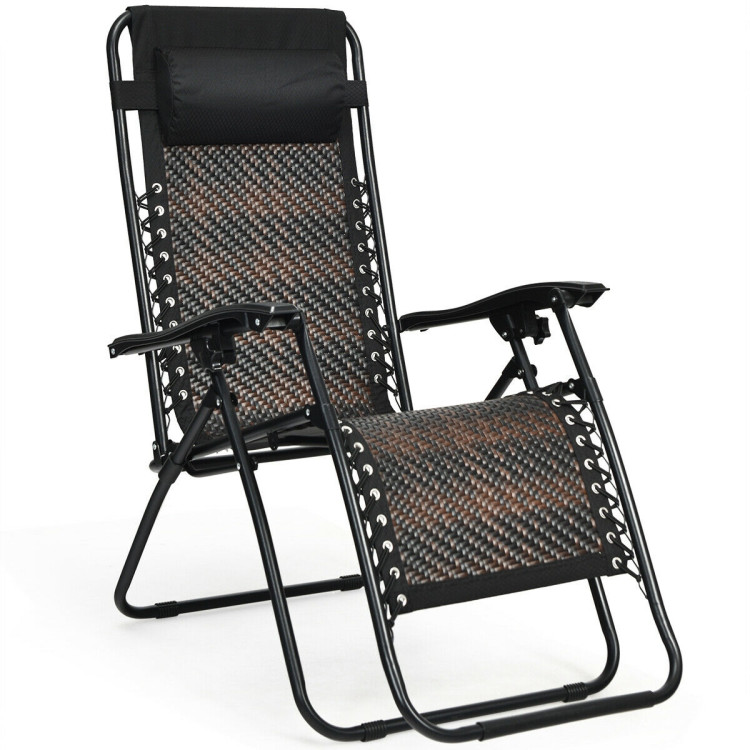 Folding Rattan Zero Gravity Lounge Chair with Removable Head Pillow-BrownCostway Gallery View 9 of 11