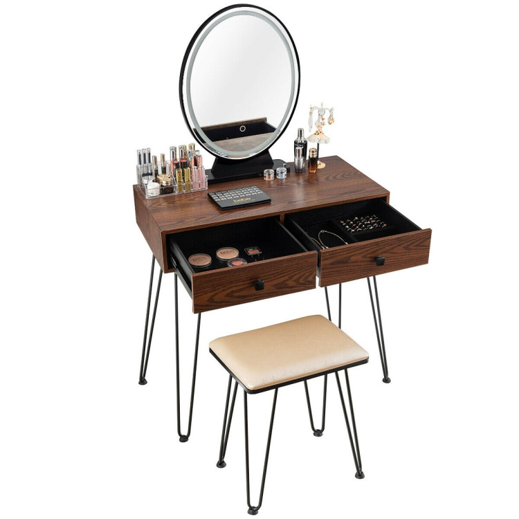 Industrial Makeup Dressing Table with 3 Lighting Modes-WalnutCostway Gallery View 8 of 13