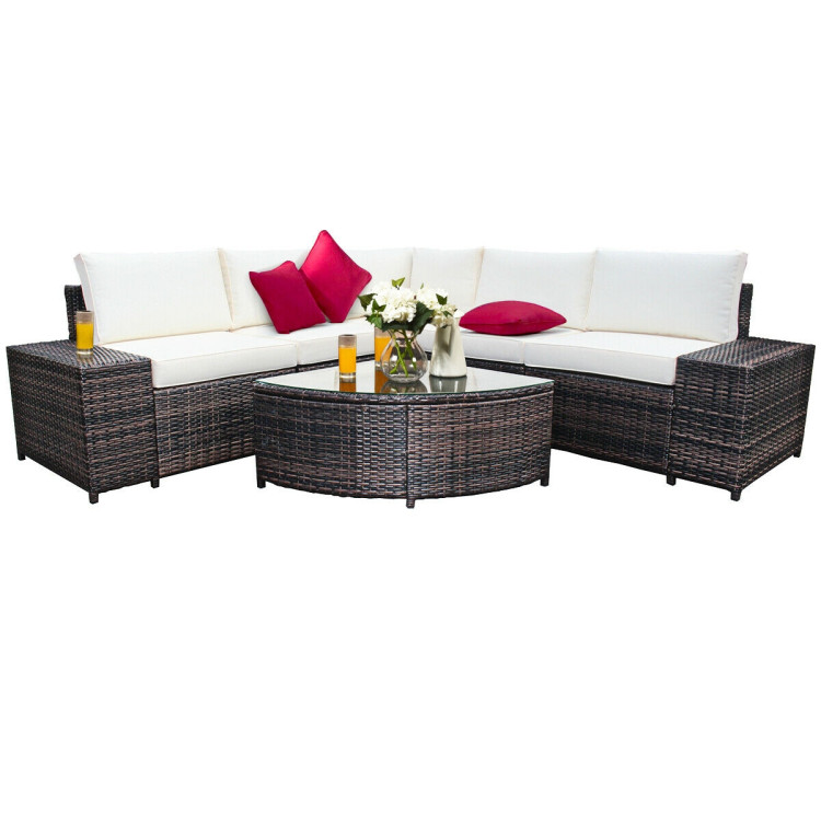 6 Piece Wicker Patio Sectional Sofa Set with Tempered Glass Coffee Table-WhiteCostway Gallery View 8 of 12