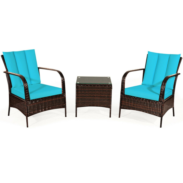 3 Pcs Patio Conversation Rattan Furniture Set with Glass Top Coffee Table and Cushions-TurquoiseCostway Gallery View 8 of 11