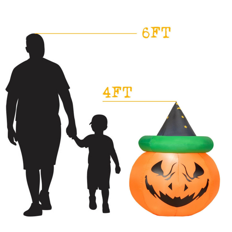 4 Feet Halloween Inflatable LED Pumpkin with Witch HatCostway Gallery View 4 of 12