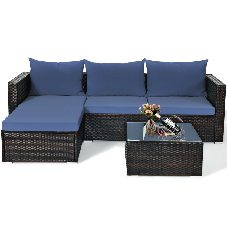 5 Pieces Patio Rattan Sectional Furniture Set with Cushions and Coffee Table -NavyCostway Gallery View 8 of 12