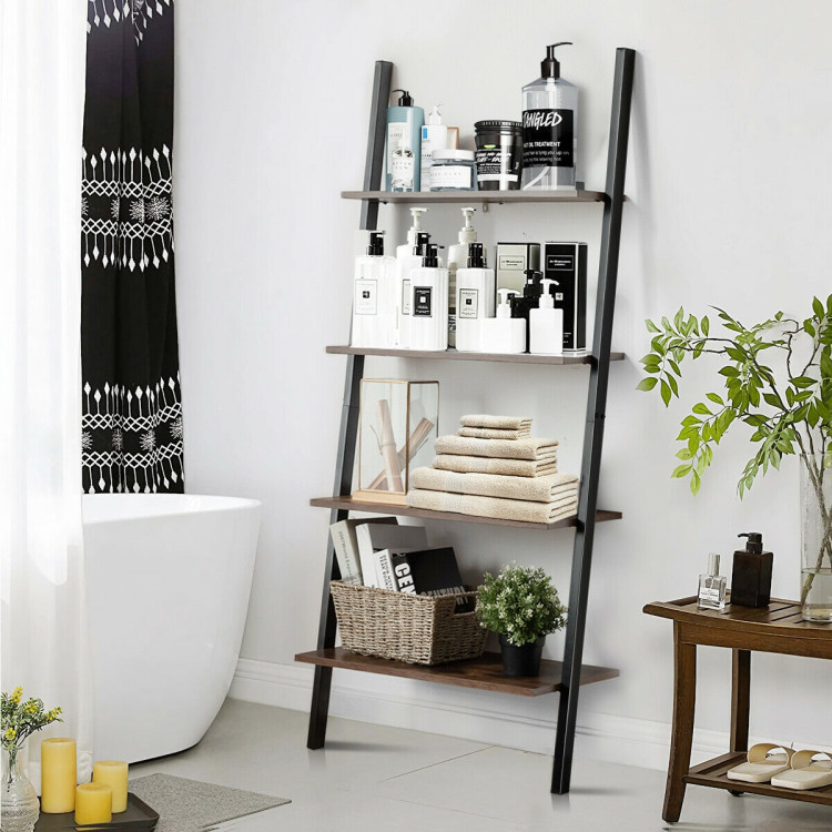 Multipurpose 4-Tier Industrial Leaning Wall Bookcase with Metal Frame-BrownCostway Gallery View 6 of 12