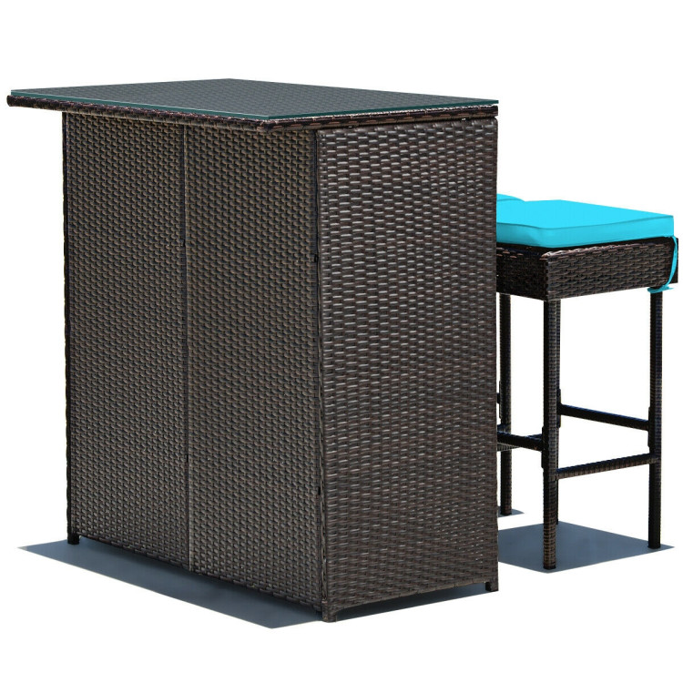 3PCS Patio Rattan Wicker Bar Table Stools Dining Set-TurquoiseCostway Gallery View 9 of 12