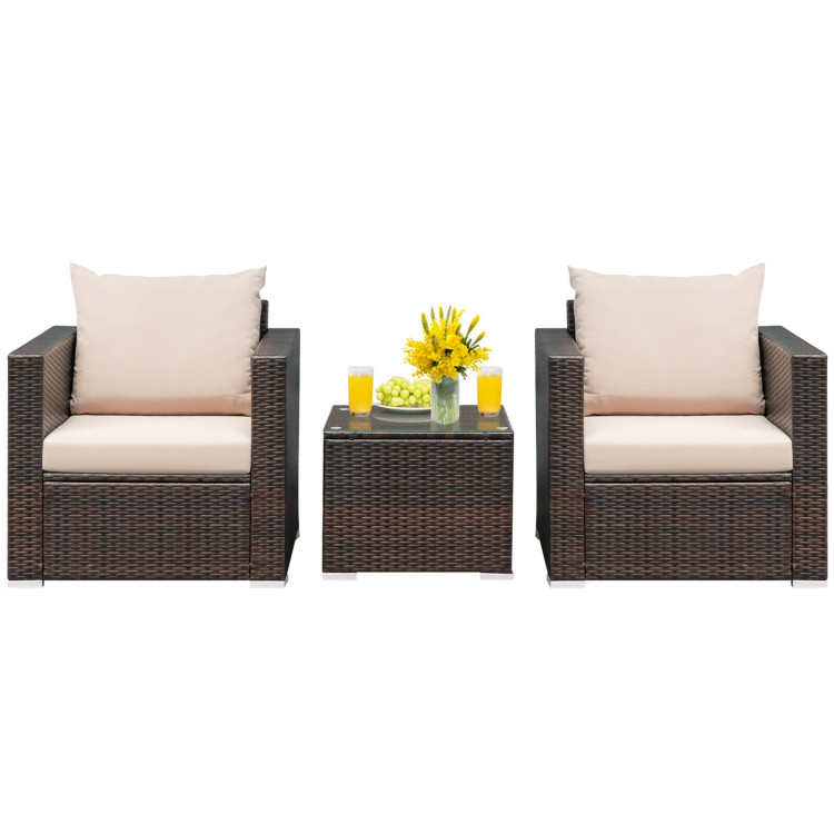 3 Pcs Patio Conversation Rattan Furniture Set with Cushion-BeigeCostway Gallery View 3 of 12