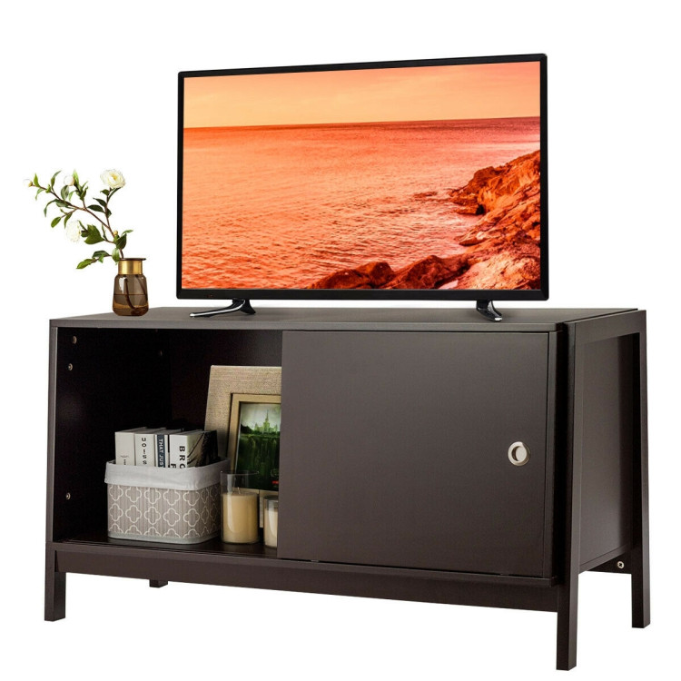 TV Stand Modern Entertainment Cabinet with Sliding Doors-Dark BrownCostway Gallery View 5 of 10