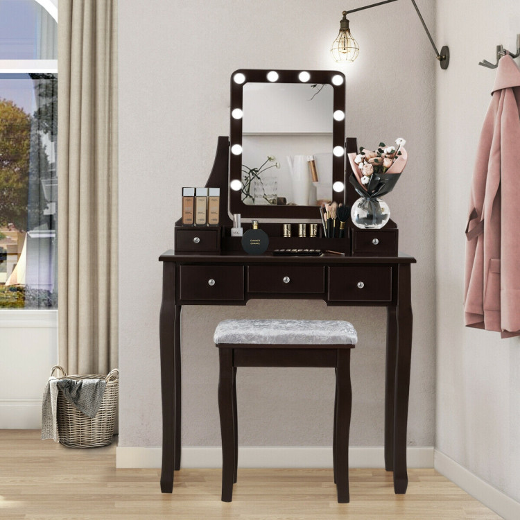 Vanity Dressing Table Set with 10 Dimmable Bulbs and Cushioned Stool-BrownCostway Gallery View 9 of 12