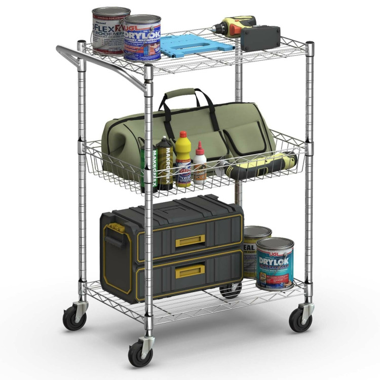 3-Tier Rolling Utility Cart with Handle Bar and Adjustable ShelvesCostway Gallery View 5 of 12