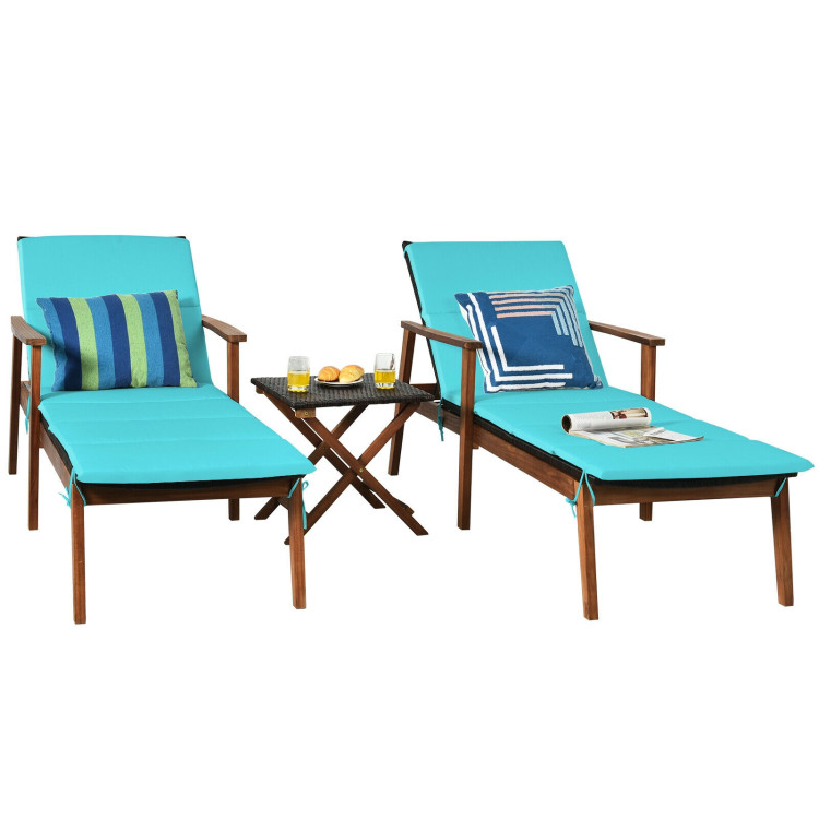 3 Pieces Portable Patio Cushioned Rattan Lounge Chair Set with Folding Table-TurquoiseCostway Gallery View 10 of 12