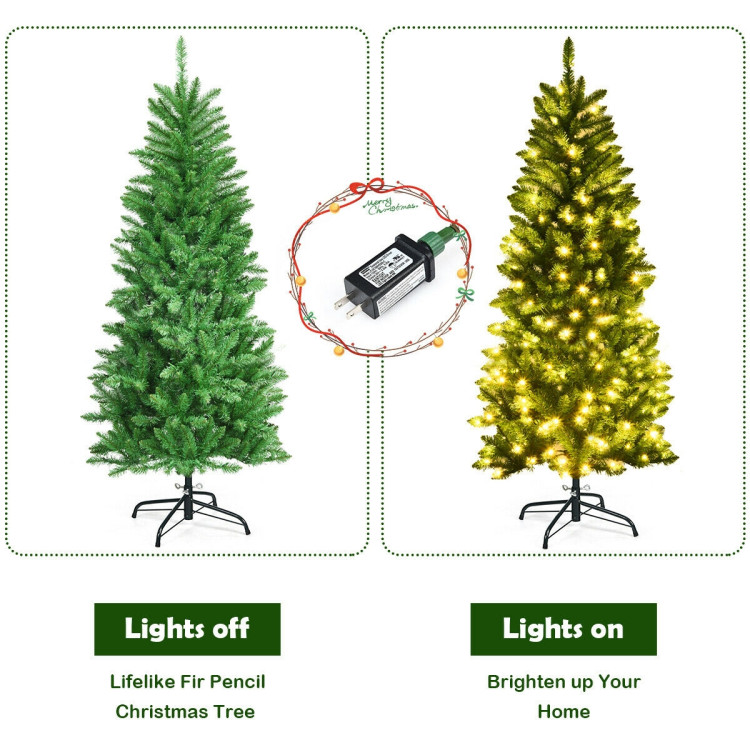 5 Feet PVC Hinged Pre-lit Artificial Fir Pencil Christmas Tree with 150 Warm White UL-listed Lights-5 ftCostway Gallery View 5 of 11