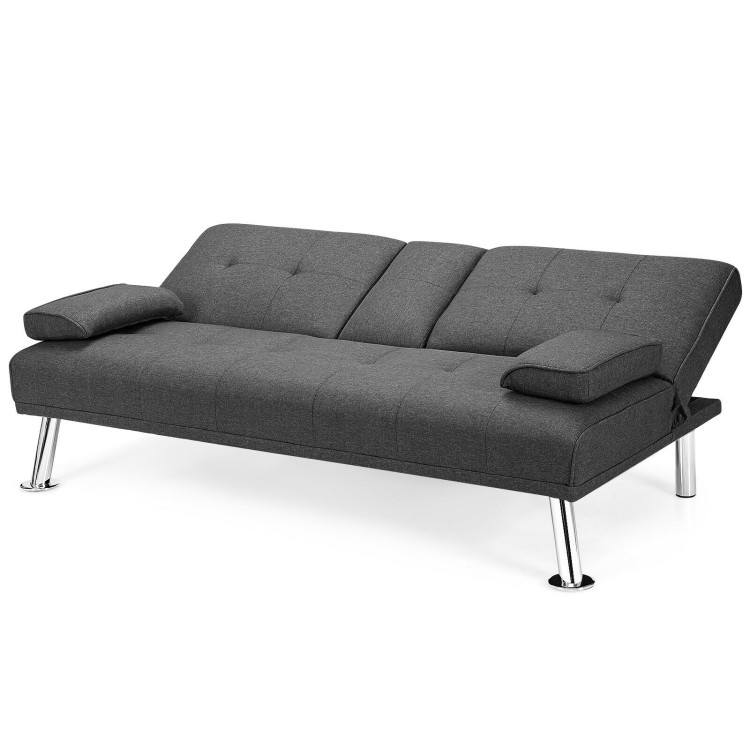 Convertible Folding Futon Sofa Bed Fabric with 2 Cup Holders-Dark GrayCostway Gallery View 9 of 13