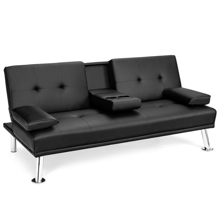 Convertible Folding Leather Futon Sofa with Cup Holders and Armrests-BlackCostway Gallery View 1 of 12