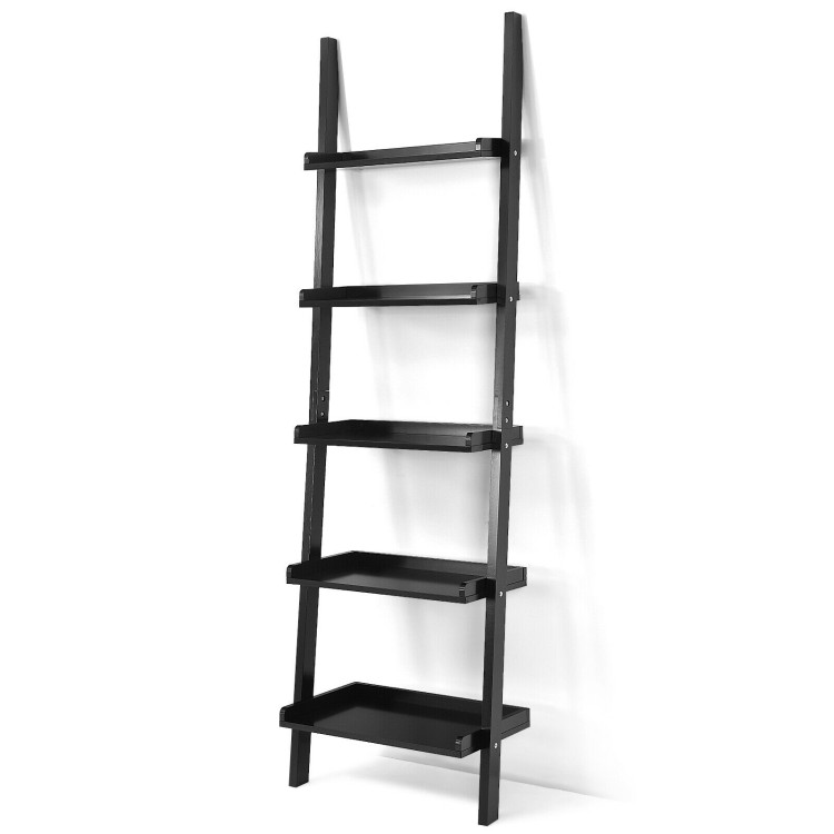  5-Tier Wall-leaning Ladder Shelf  Display Rack for Plants and Books-BlackCostway Gallery View 3 of 12