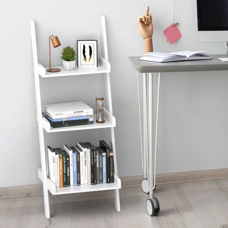 3.7 Ft 3-Tier Wooden Leaning Rack Wall Book Shelf Ladder-WhiteCostway Gallery View 7 of 13