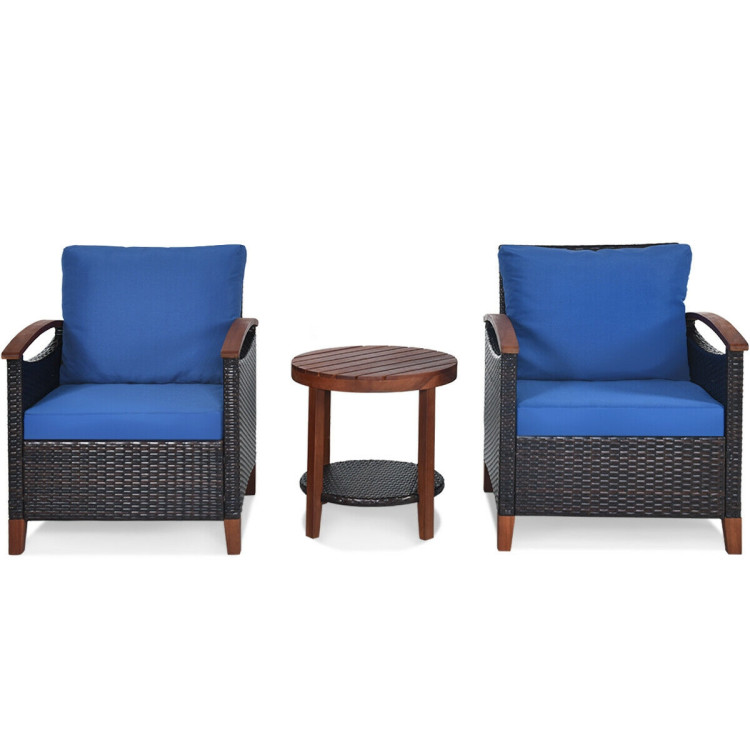 3 Pieces Patio Rattan Furniture Set with Washable Cushion and Acacia Wood Tabletop-BlueCostway Gallery View 3 of 11
