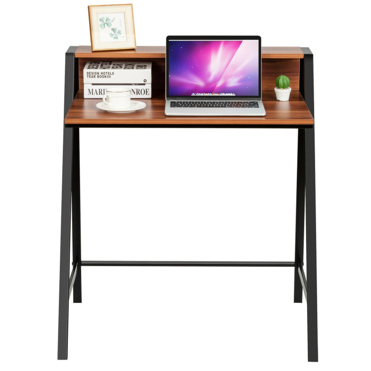 2 Tier Computer Desk PC Laptop Table Study Writing Home Office Workstation New-WalnutCostway Gallery View 5 of 12