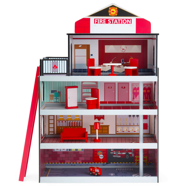 Wooden Fire Station Dollhouse Playset with Truck and HelicopterCostway Gallery View 6 of 10