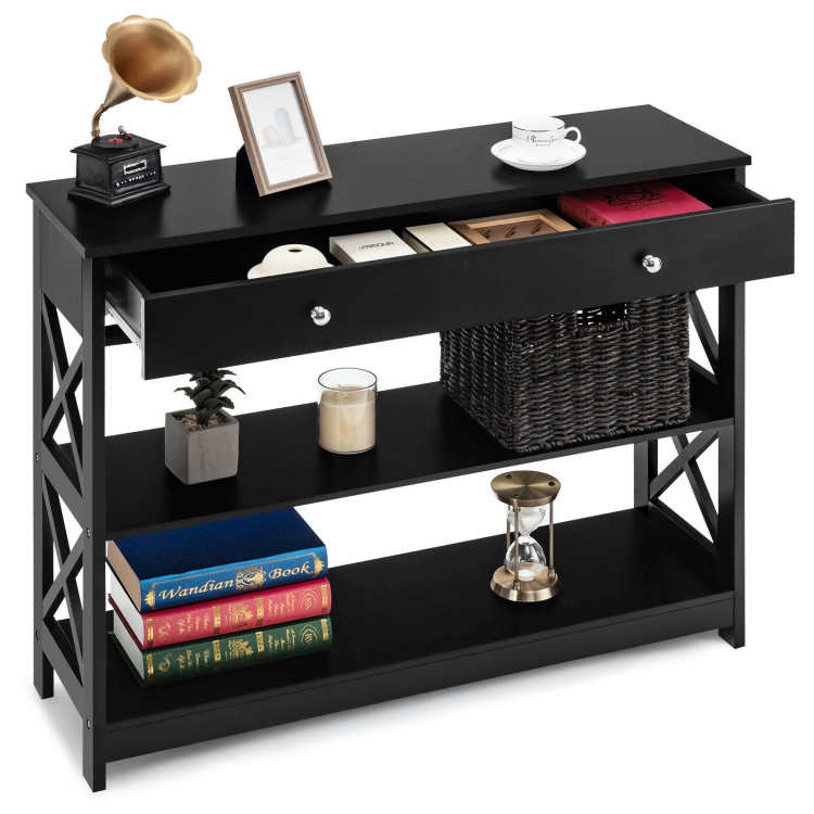 3-Tier Console Table with Drawers for Living Room Entryway-BlackCostway Gallery View 9 of 12
