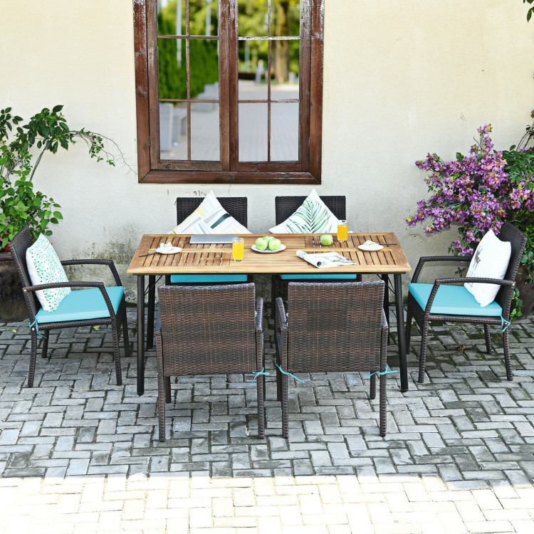 7Pcs Patio Rattan Cushioned Dining Set with Umbrella Hole-TurquoiseCostway Gallery View 10 of 12