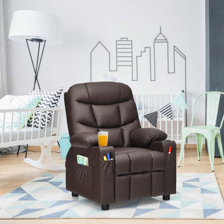PU Leather Kids Recliner Chair with Cup Holders and Side Pockets-BrownCostway Gallery View 8 of 12
